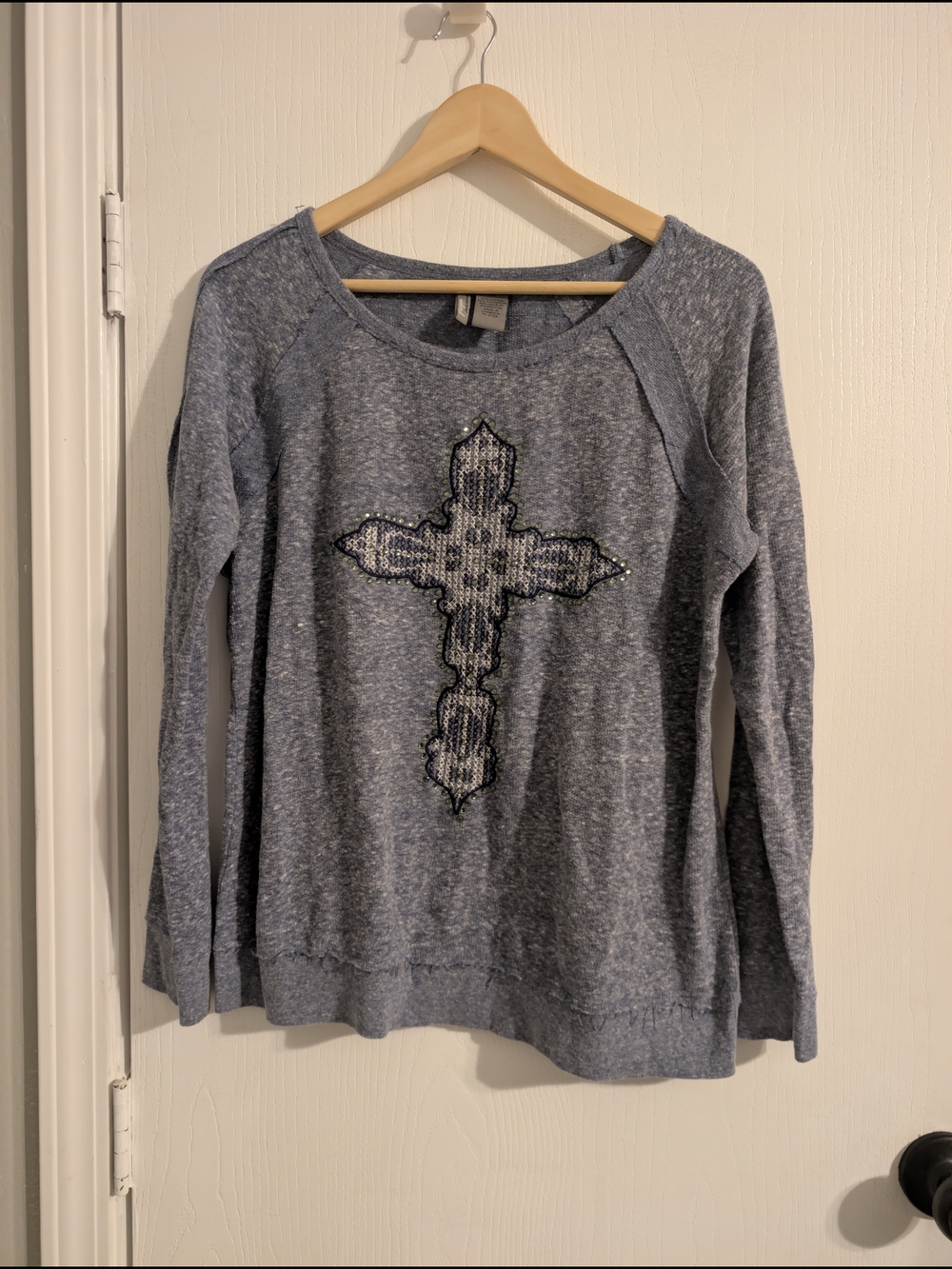 new directions heather blue cross applique sweatshirt